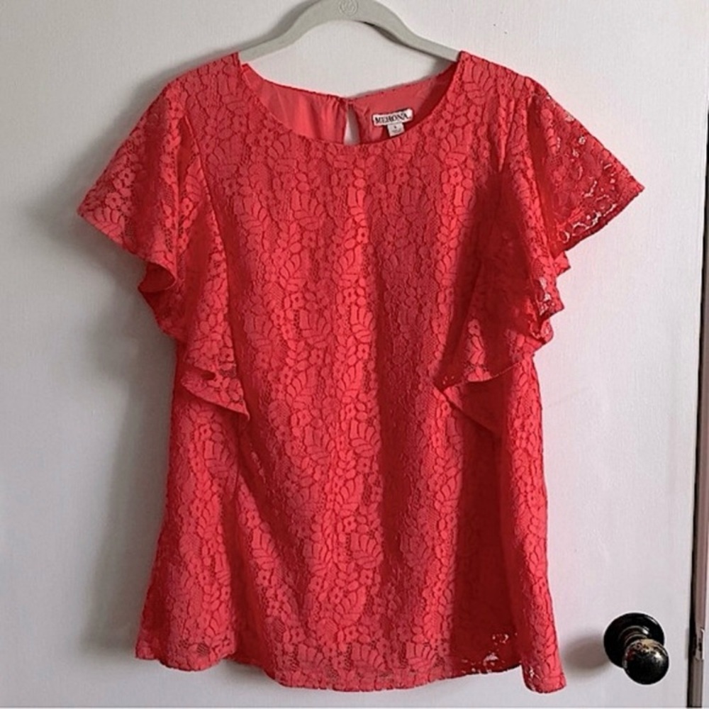 Merona Floral Lace Coral Short Flutter Sleeve Blouse Size Large
